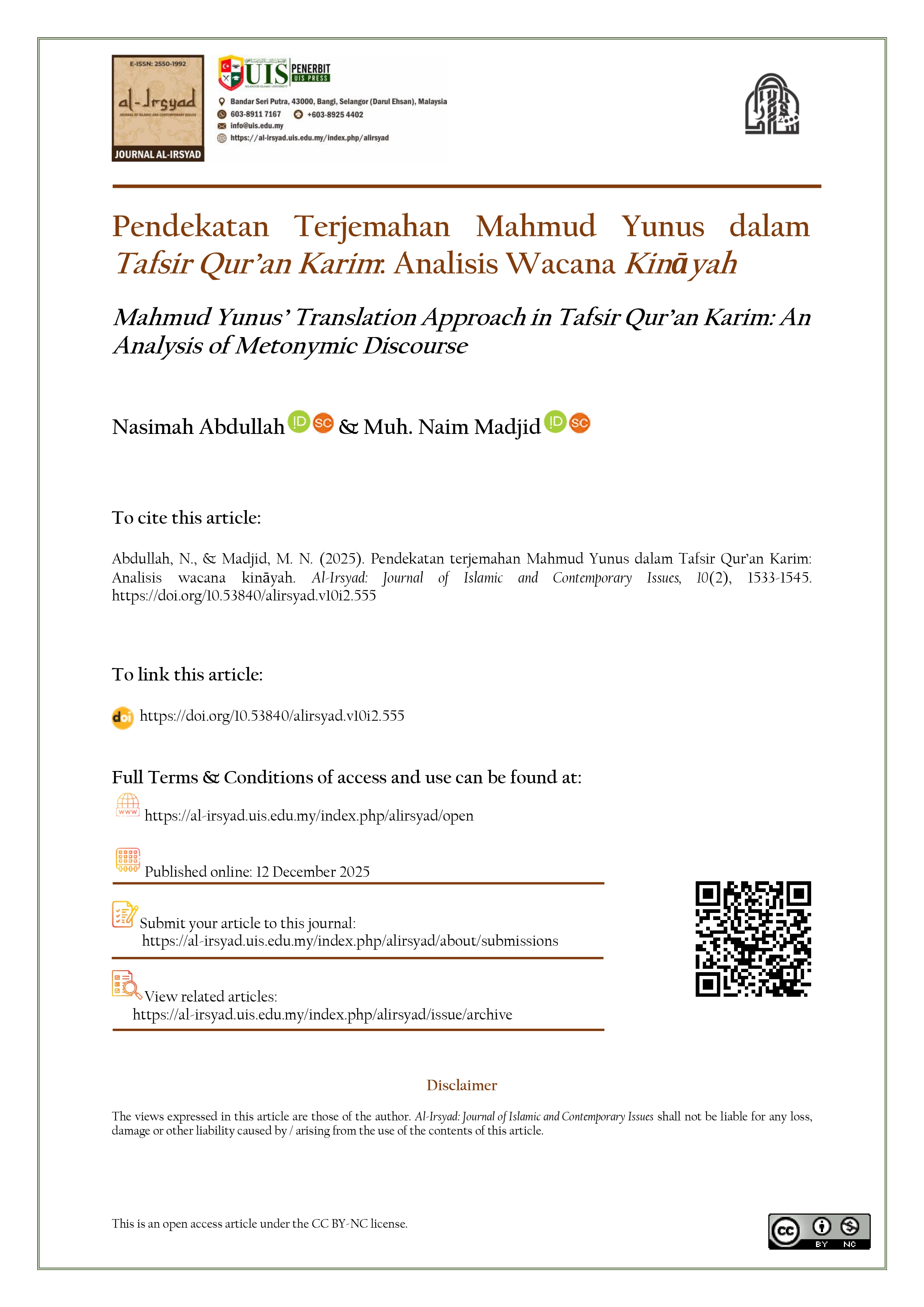 Mahmud Yunus’ Translation Approach in Tafsir Qur’an Karim