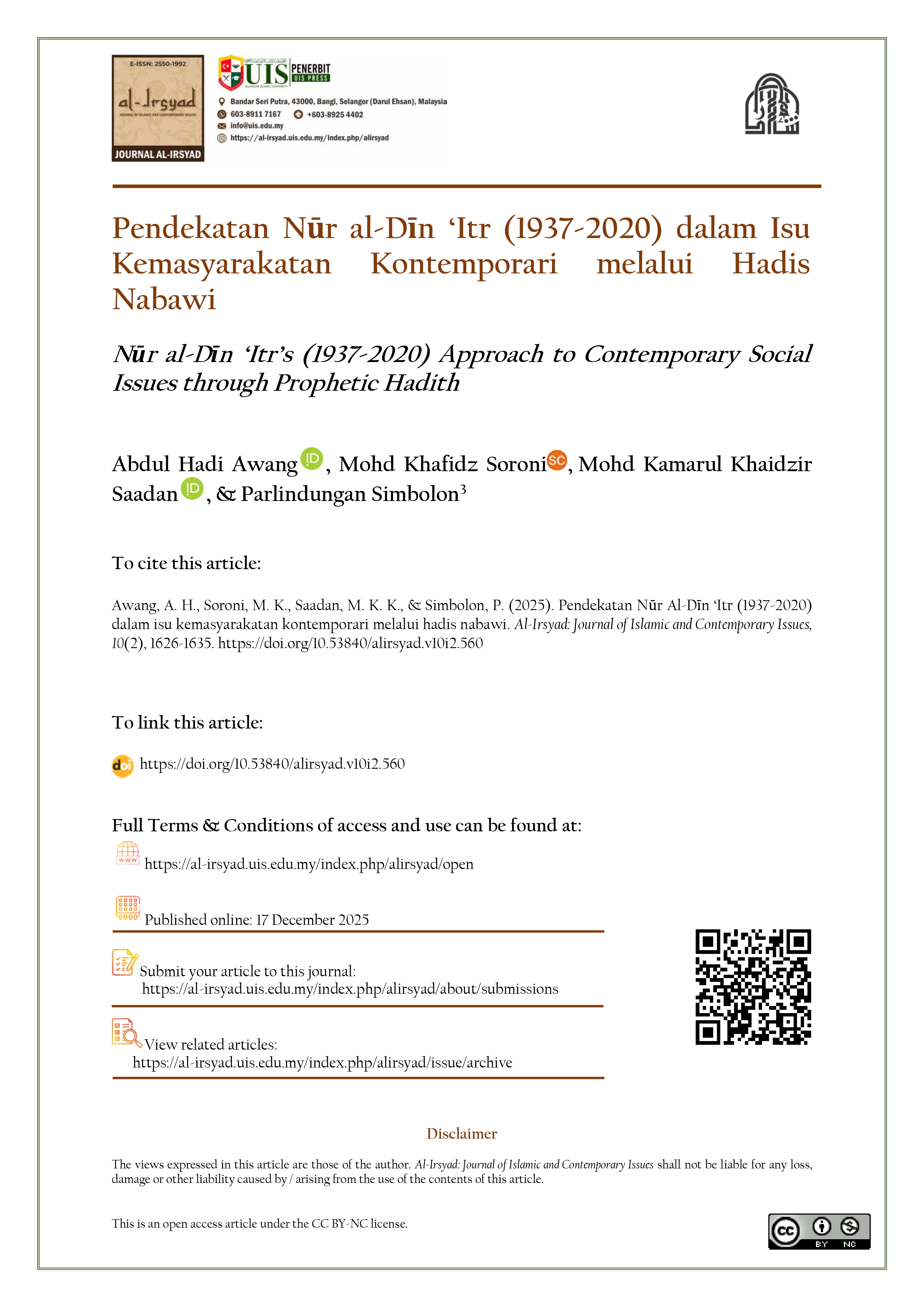Nūr al-Dīn ‘Itr’s (1937-2020) Approach to Contemporary Social Issues through Prophetic Hadith