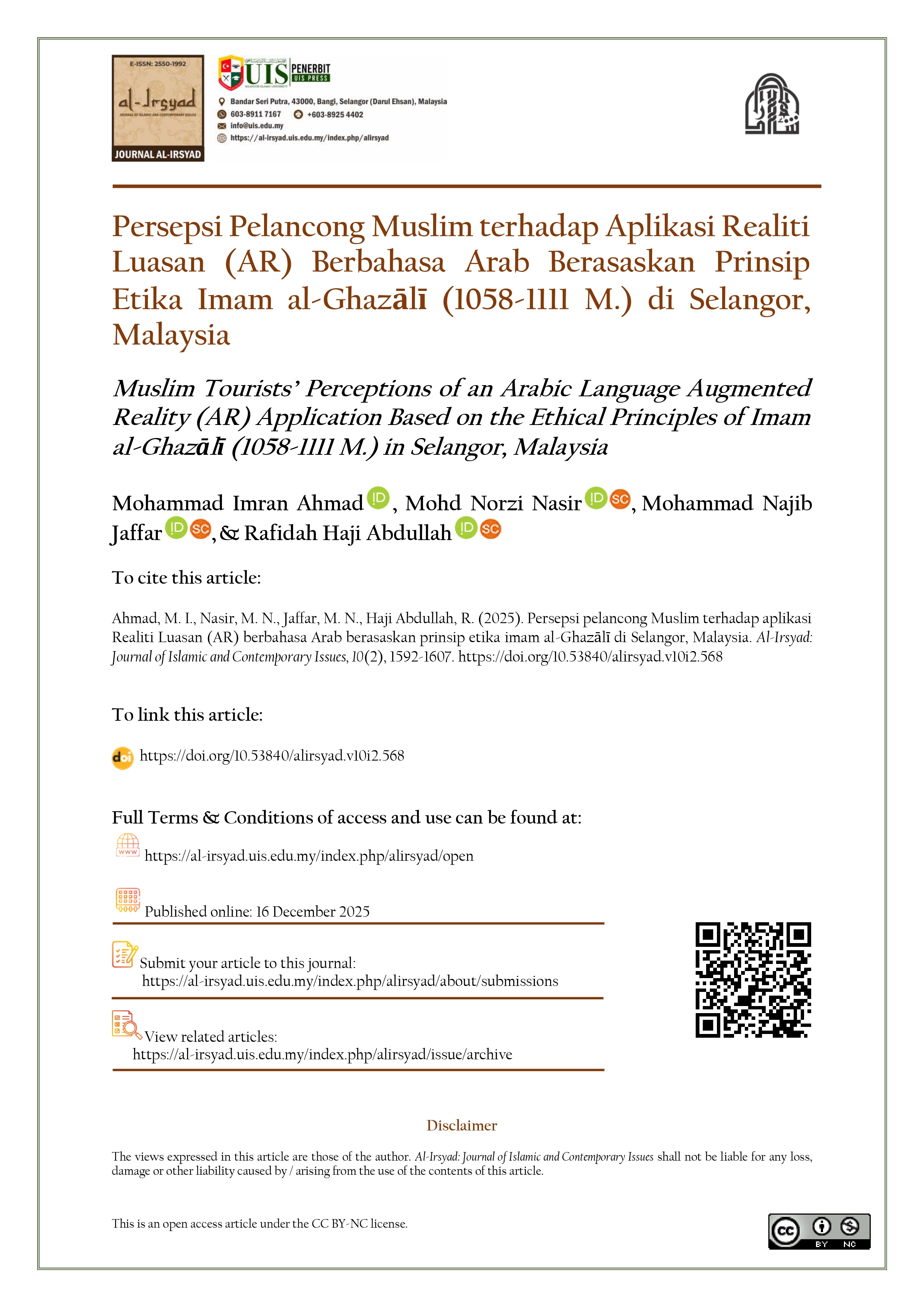 Muslim Tourists’ Perceptions of an Arabic Language Augmented Reality (AR) Application